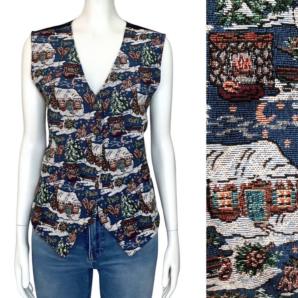 Vintage 90s Christmas Village Embroidered Cottagecore Retro Vest Large Kitschy